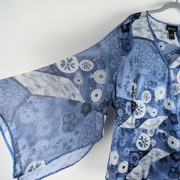 Lane Bryant Blue Silk Floral‎ Wrap Peplum Blouse Size 18/20 Whimsical Fairycore - Picture 4 of 7